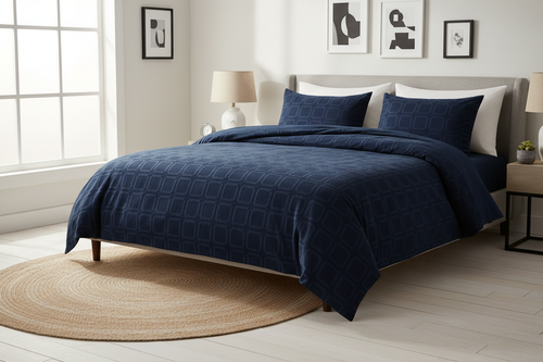 Duvet Cover King Size - Navy Blue Geometric Full View
